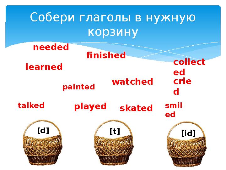 Собери глаголы в нужную корзину watched learned collect ed played smil ed talked painted crie d skated finished [d] [t] [id]