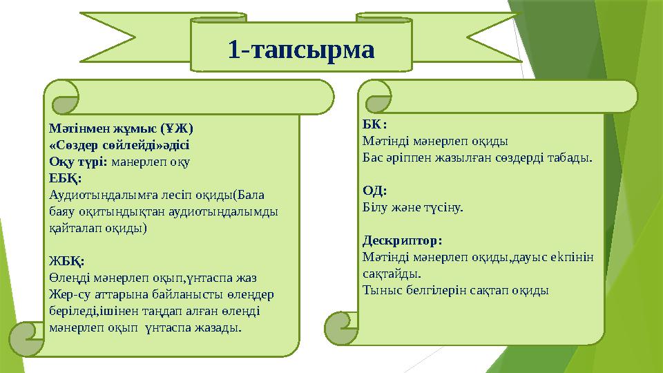 Мәтінмен жұмыс (ҰЖ) «Сөздер сөйлейді»әдісі Оқу түрі: манерлеп оқу ЕБҚ: Аудиотындалымға лесіп оқиды(Бала баяу оқ