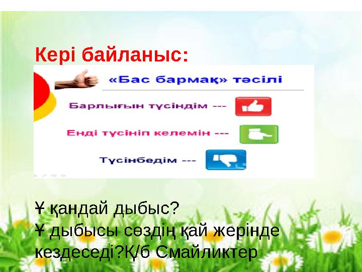 Кері байланыс: Ұ қандай дыбыс? Ұ дыбысы сөздің қай жерінде кездеседі?Қ/б Смайликтер