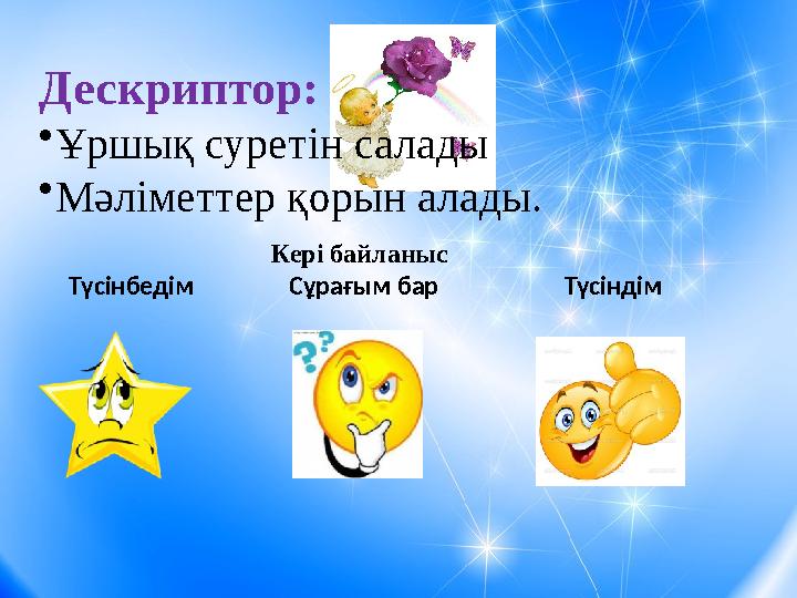 Дескриптор: •Ұршық суретін салады •Мәліметтер қорын алады. Кері байланыс
