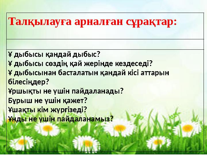 Талқылауға арналған сұрақтар: Ұ дыбысы қандай дыбыс? Ұ дыбысы сөздің қай жерінде кездеседі? Ұ дыбысынан басталатын қандай кісі