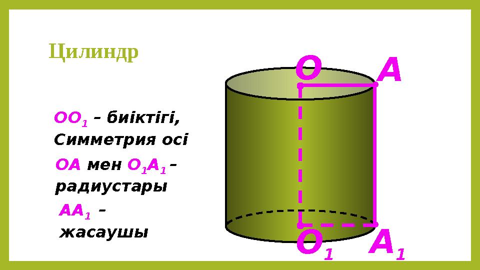 ОО 1 – биіктігі, Симметрия осі ОА мен О 1А 1 – радиустары АА 1 – жасаушы А А 1 О О 1 Цилиндр
