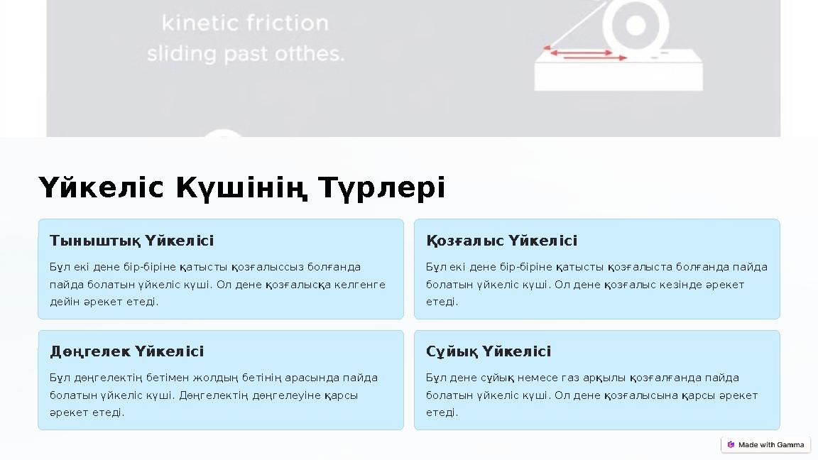 Үйкеліс Күшінің Түрлері Тыныштық Үйкелісі Бұл екі дене бір-біріне қатысты қозғалыссыз болғанда пайда болатын үйкеліс күші. Ол