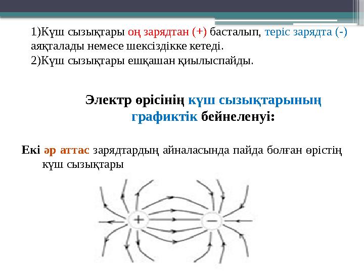 1)Күш сызықтары оң зарядтан (+) басталып, теріс зарядта (-) аяқталады немесе шексіздікке кетеді. 2)Күш сыз