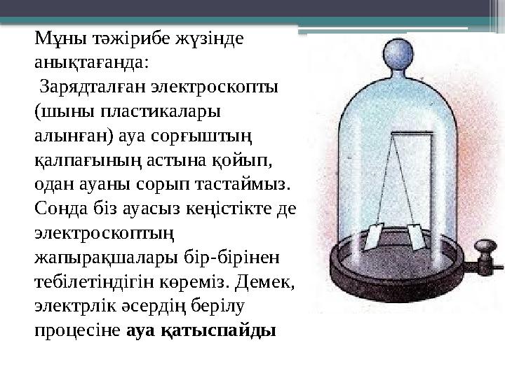 Мұны тәжiрибе жүзiнде анықтағанда: Зарядталған электроскопты (шыны пластикалары алынған) ауа сорғыштың