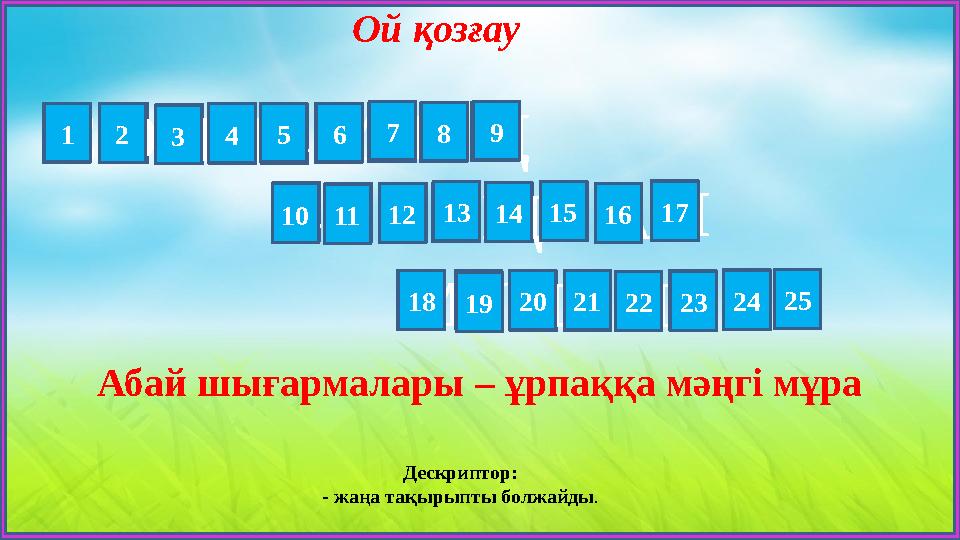 Ой қозғау Дескриптор: - жаңа тақырыпты болжайды. СӨЙЛЕМНІҢ БІРЫҢҒАЙ МҮШЕЛЕРІ 123456789 1011121314151617 1819202122232425 Аба