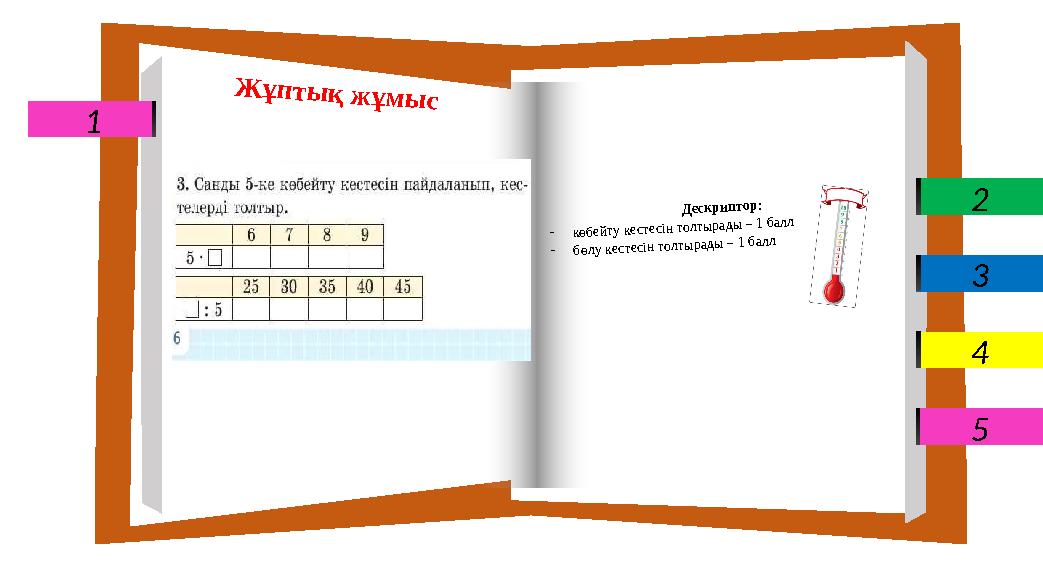 1 2 3 4 5 Дескриптор: -көбейту кестесін толтырады – 1 балл -бөлу кестесін толтырады – 1 балл Жұптық жұмыс