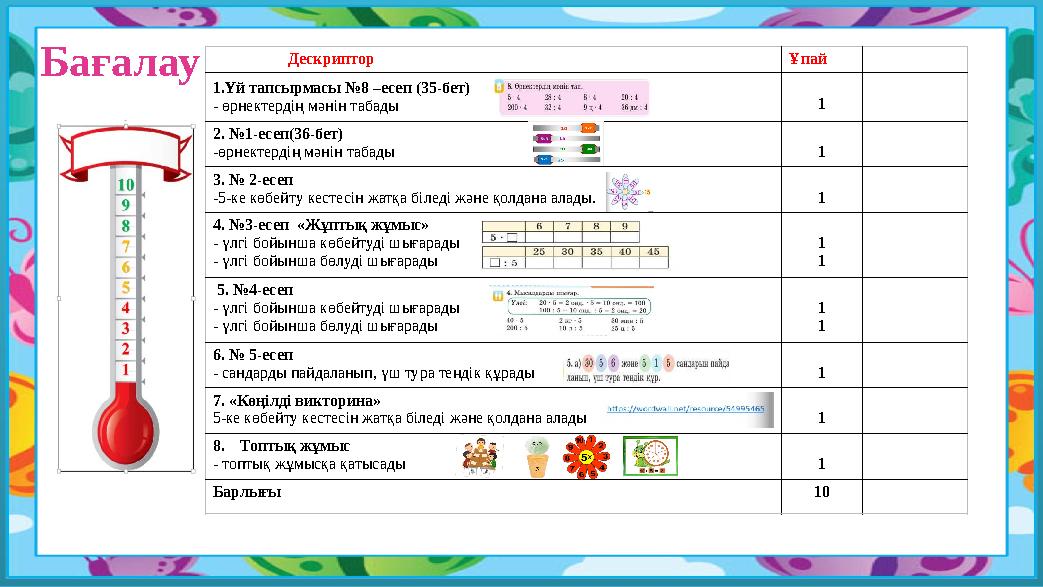 Бағалау Дескриптор Ұпай 1.Үй тапсырмасы №8 –есеп (35-бет) - өрнектердің мәнін табады 1 2. №1-есеп(36-бет) -ө