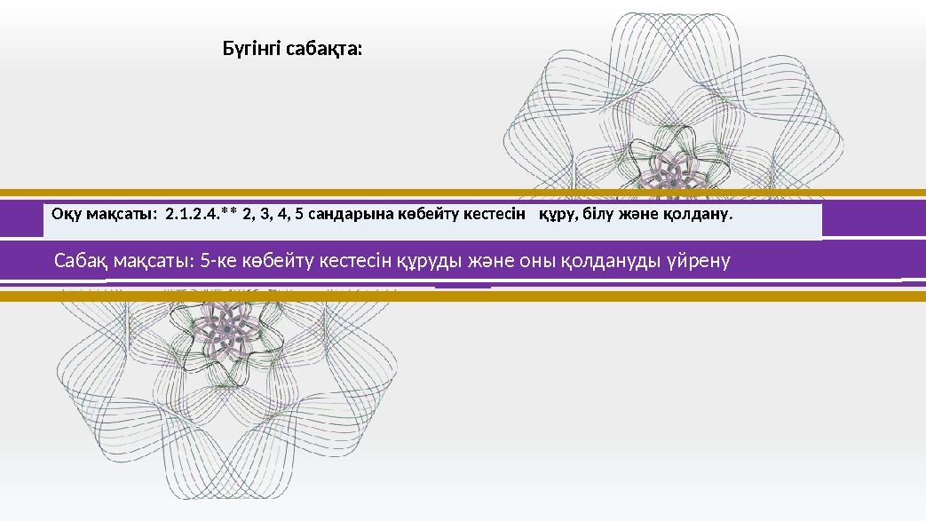 Сабақ мақсаты: 5-ке көбейту кестесін құруды және оны қолдануды үйрену Бүгінгі сабақта: Оқу мақсаты: 2.1.2.4.** 2, 3, 4, 5 санд