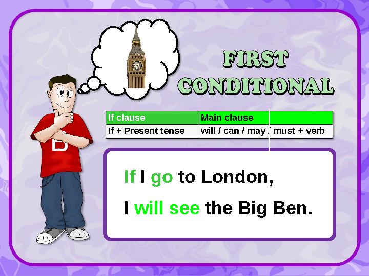 If I go to London, I will see the Big Ben. If clause Main clause If + Present tensewill / can / may / must + verb