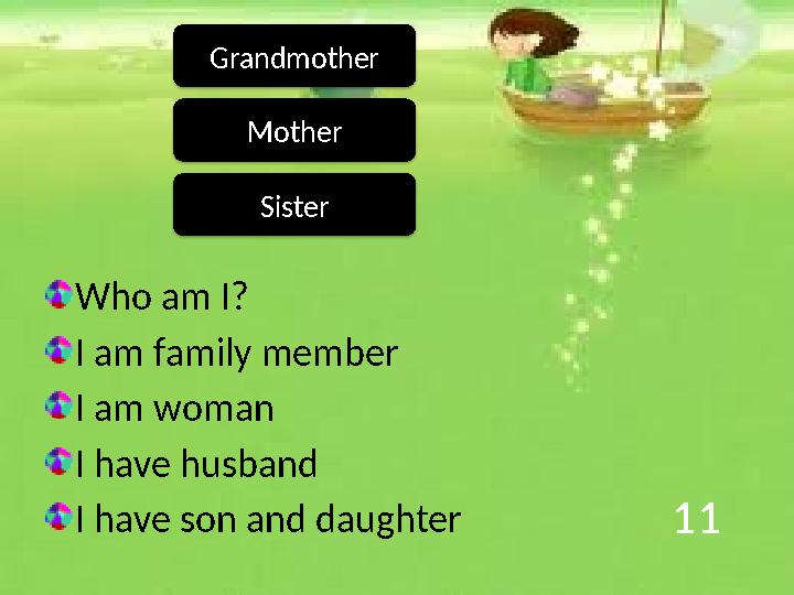 11 Who am I? I am family member I am woman I have husband I have son and daughter Mother Grandmother Sister