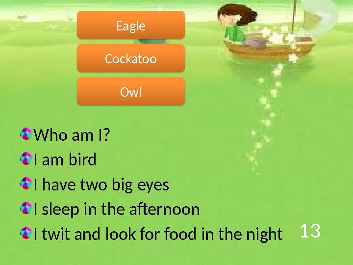 13 Who am I? I am bird I have two big eyes I sleep in the afternoon I twit and look for food in the night Owl Eagle Cockatoo
