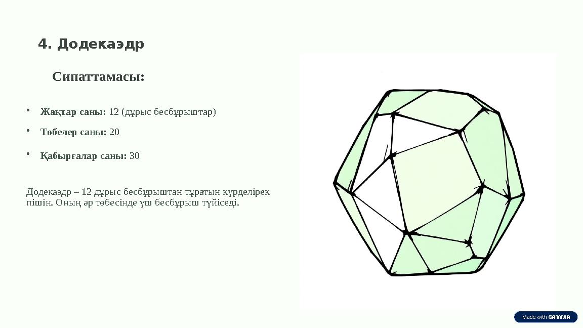 4. Додекаэдр Сипаттамасы: •Жақтар саны: 12 (дұрыс бесбұрыштар) •Төбелер саны: 20 •Қабырғалар саны: 30 Додекаэдр – 12 дұрыс бесбұ