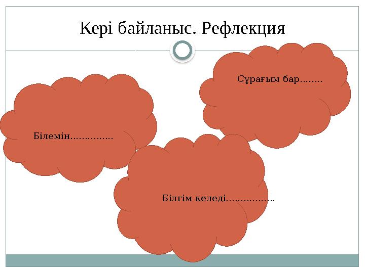 Кері байланыс. Рефлекция Білемін............... Білгім келеді................. Сұрағым бар........