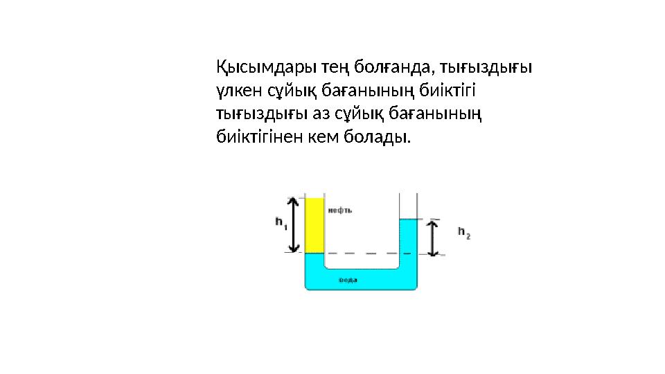 Қысымдары тең болғанда, тығыздығы үлкен сұйық бағанының биіктігі тығыздығы аз сұйық бағанының биіктігінен кем болады.