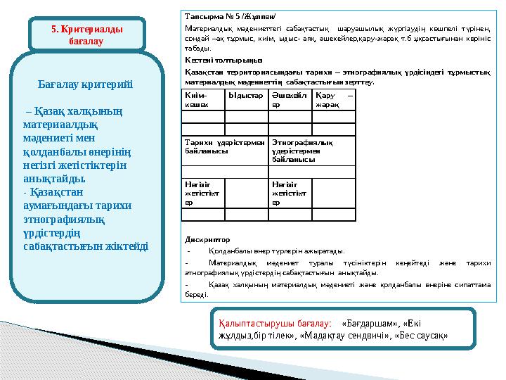 Бағалау критерийі – Қазақ халқының материаалдық мәдениеті мен қолданбалы өнерінің негізгі жетістіктерін анықтайды. -