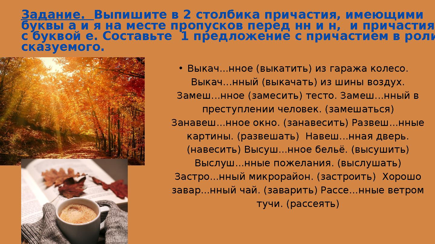 Задание. Выпишите в 2 столбика причастия, имеющими буквы а и я на месте пропусков перед нн и н, и причастия с буквой е. Сос