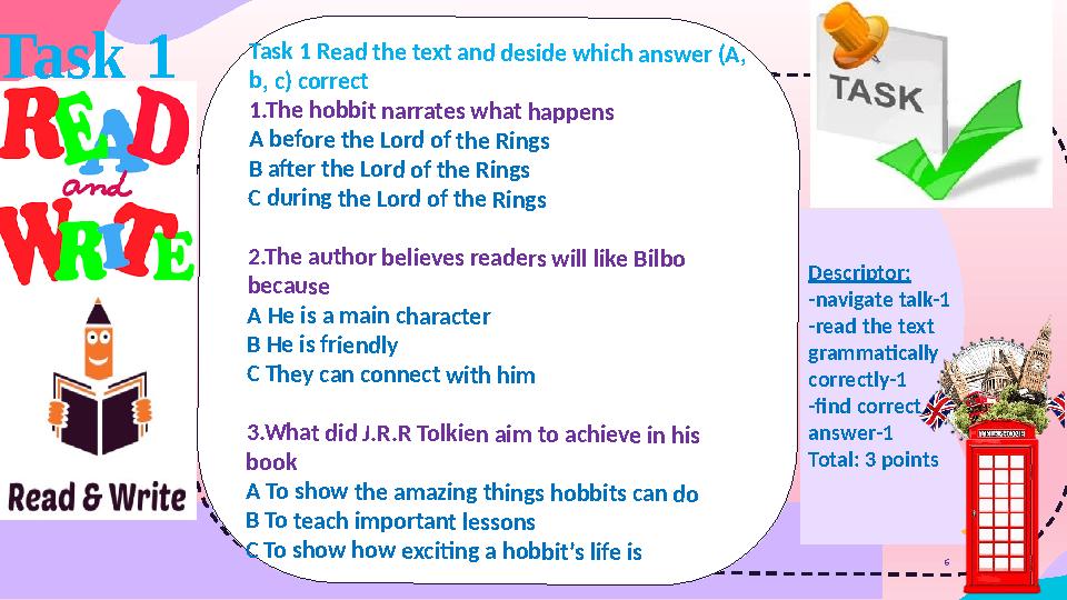 Descriptor: -navigate talk-1 -read the text grammatically correctly-1 -find correct answer-1 Total: 3 points 6 Task 1 Read th