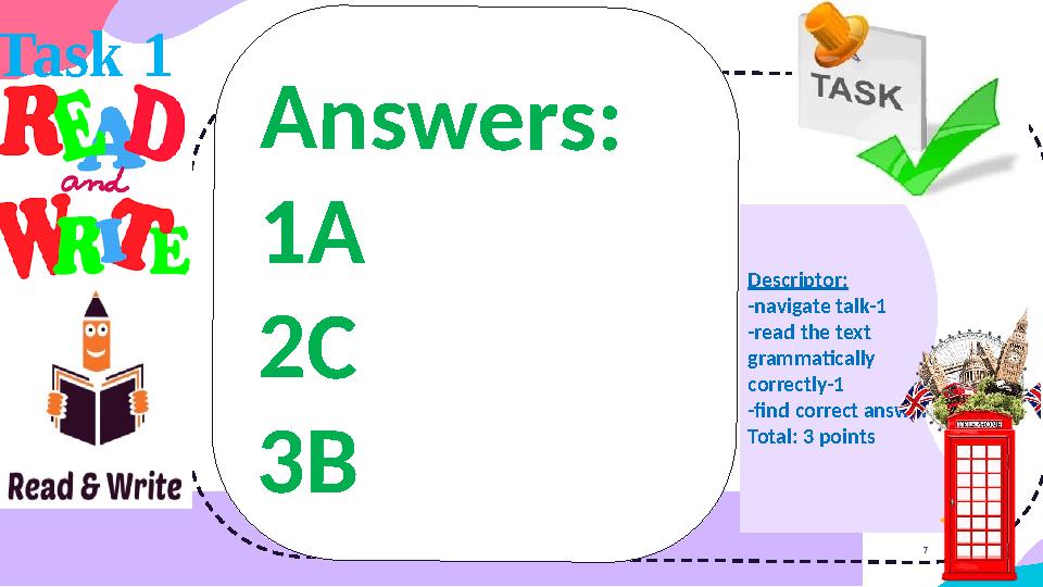 Descriptor: -navigate talk-1 -read the text grammatically correctly-1 -find correct answer-1 Total: 3 points 7 Answers: 1A 2C