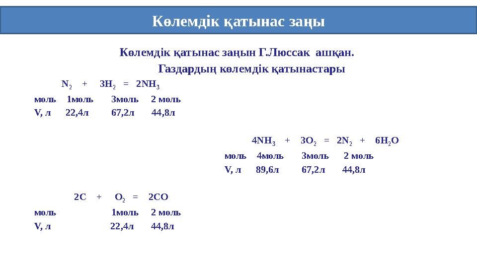 Көлемдік қатынас заңы Көлемдік қатынас заңын Г.Люссак ашқан. Газдардың көлемдік қатынастары N 2 +