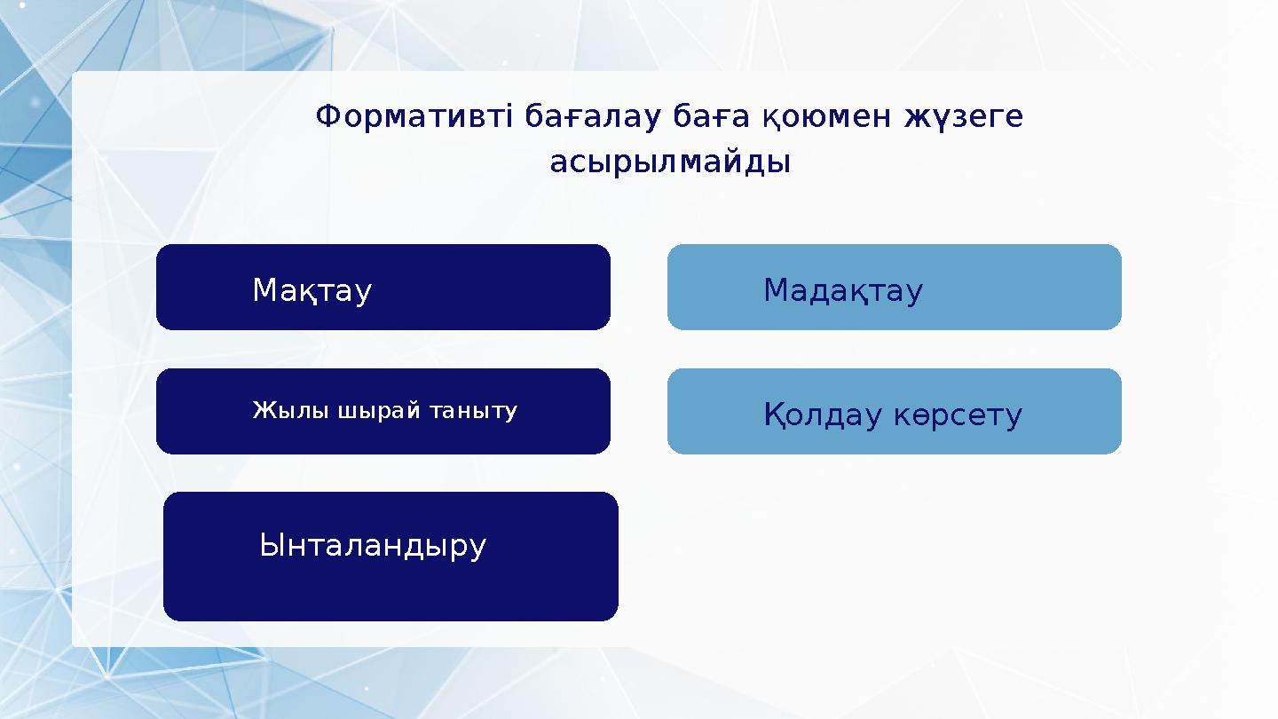Формативті бағалау баға қоюмен жүзеге асырылмайды Мақтау Мадақтау Ынталандыру Қолдау көрсету Жылы шырай таныту