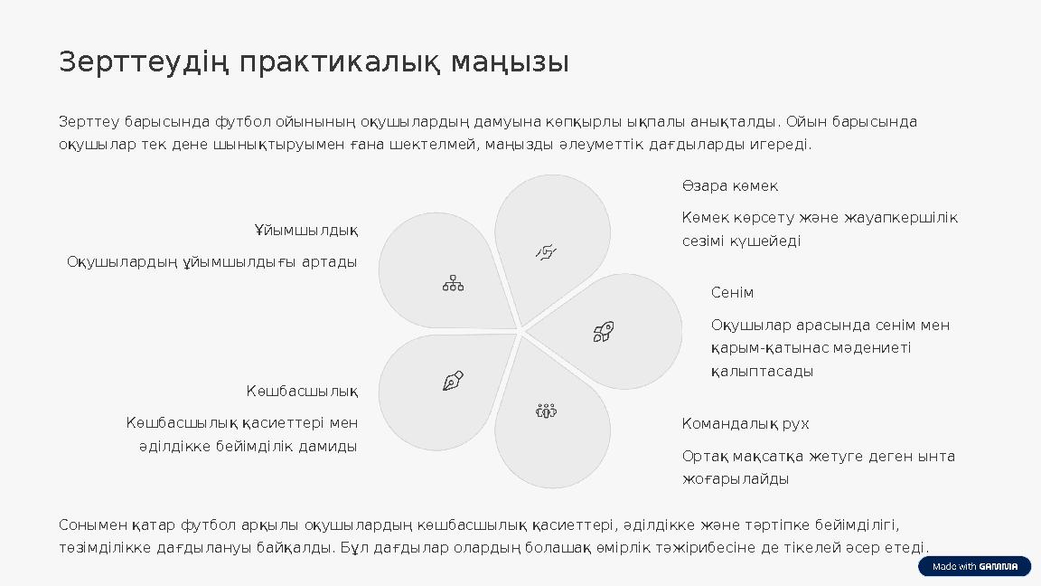 Зерттеудің практикалық маңызы Зерттеу барысында футбол ойынының оқушылардың дамуына көпқырлы ықпалы анықталды. Ойын барысында о