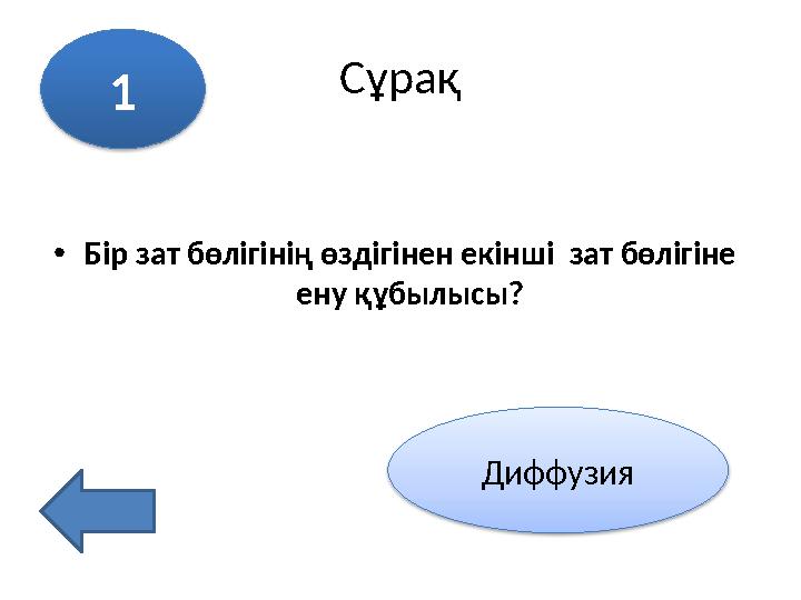 Сұрақ •Бір зат бөлігінің өздігінен екінші зат бөлігіне ену құбылысы? 1 Диффузия