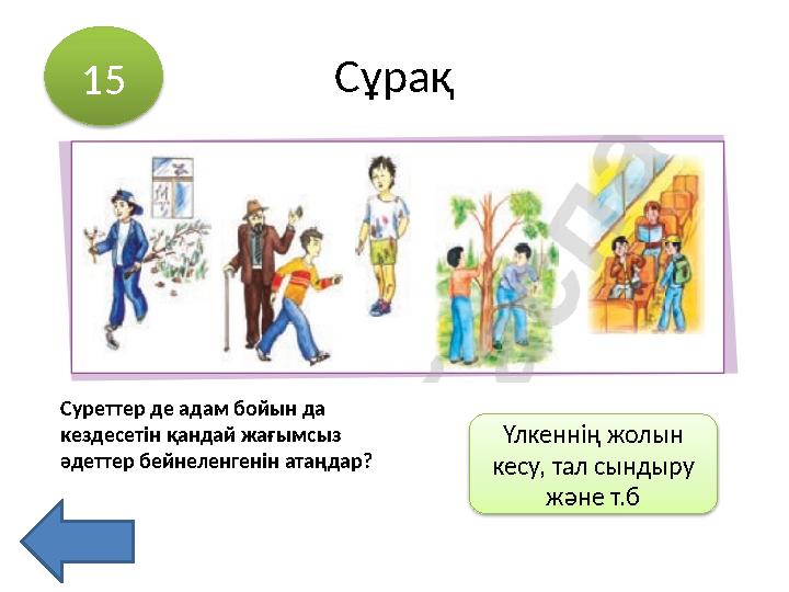 Сұрақ 15 Үлкеннің жолын кесу, тал сындыру және т.б Суреттер де адам бойын да кездесетін қандай жағымсыз әдеттер бейнеленген
