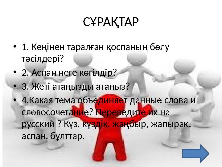 СҰРАҚТАР •1. Кеңінен таралған қоспаның бөлу тәсілдері? •2. Аспан неге көгілдір? •3. Жеті атаңызды атаңыз? •4.Какая тема об