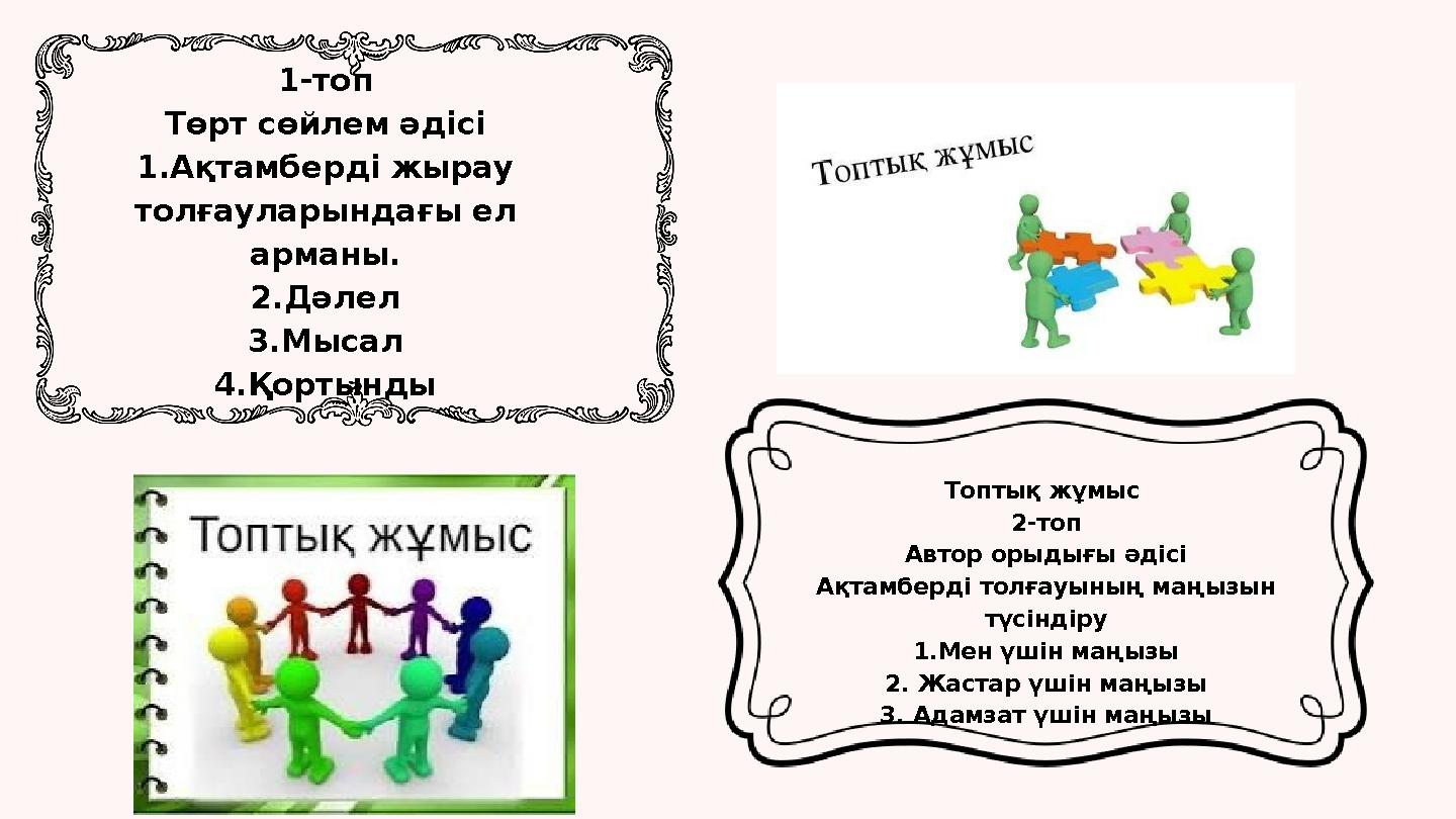 Топтық жұмыс 2-топ Автор орыдығы әдісі Ақтамберді толғауының маңызын түсіндіру 1.Мен үшін маңызы 2. Жастар үшін маңызы 3. Адам