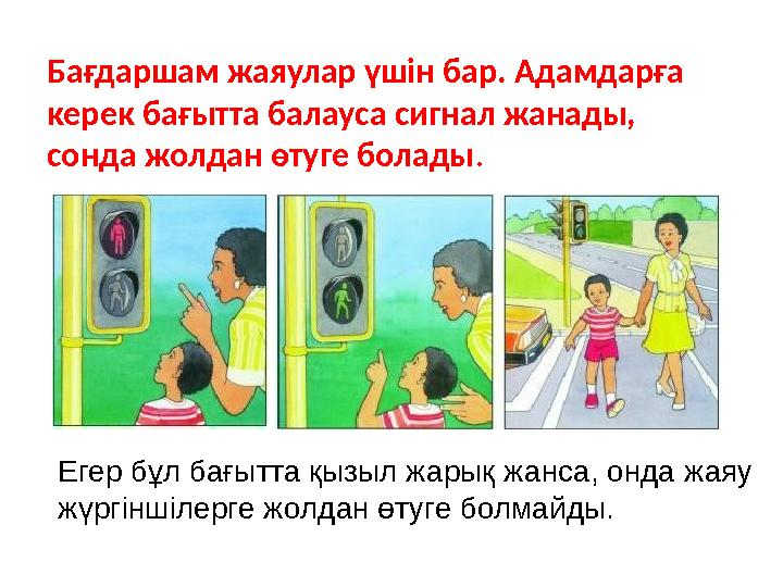 Бағдаршам жаяулар үшiн бар. Адамдарға керек бағытта балауса сигнал жанады, сонда жолдан өтуге болады. Егер бұл бағытта қызыл