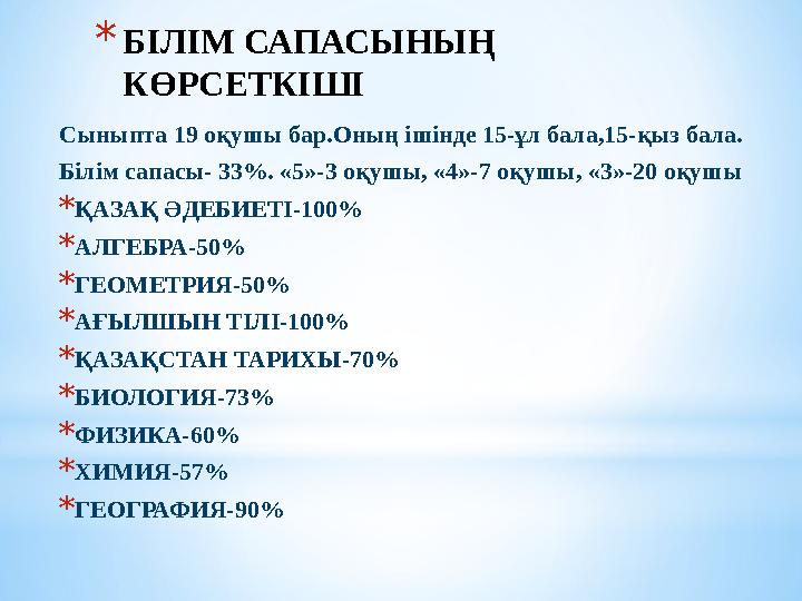 *БІЛІМ САПАСЫНЫҢ КӨРСЕТКІШІ Сыныпта 19 оқушы бар.Оның ішінде 15-ұл бала,15-қыз бала. Білім сапасы- 33%. «5»-3 оқушы, «4»-7 оқуш