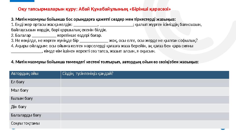 11 3. Мәтін мазмұны бойынша бос орындарға қажетті сөздер мен тіркестерді жазыңыз: 1. Енді жер ортасы жасқа келдік: _________