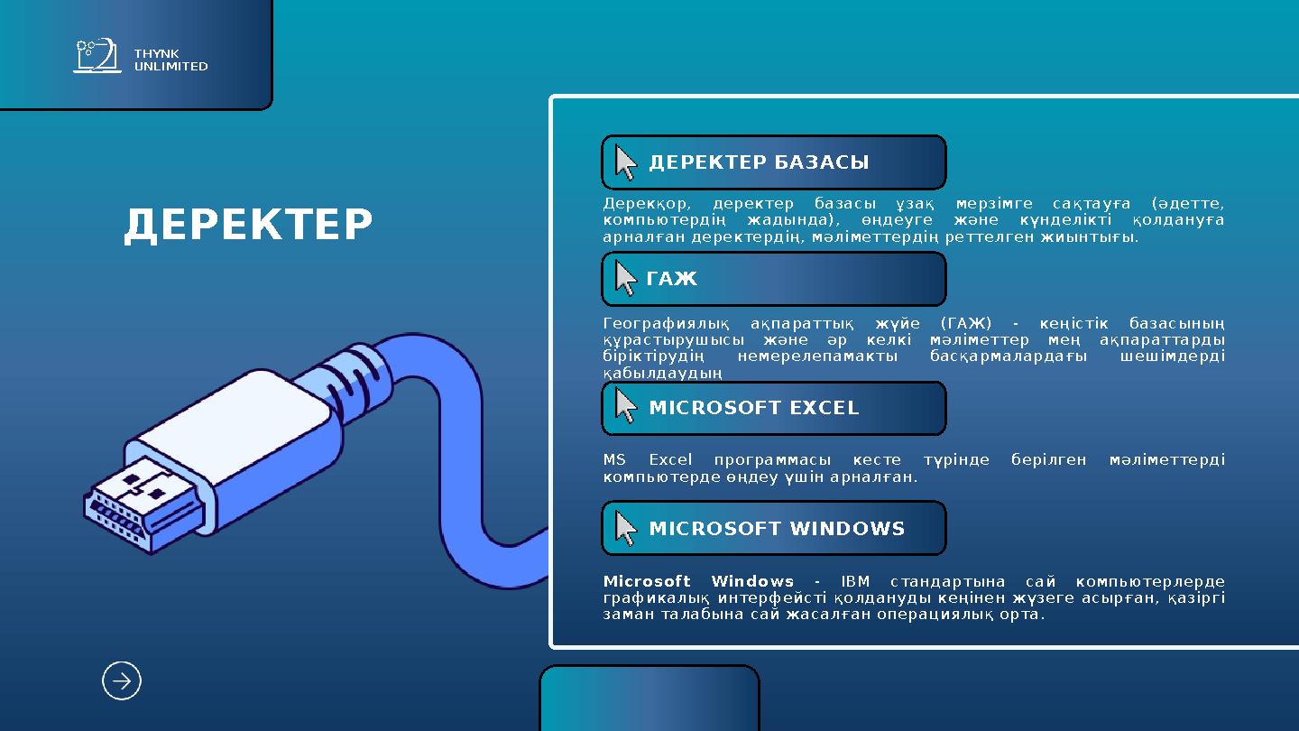 ДЕРЕКТЕР THYNK UNLIMITED ДЕРЕКТЕР БАЗАСЫ Дерекқор, деректер базасы ұзақ мерзімге сақтауға (әдетте, компьютердің жадында), өңде