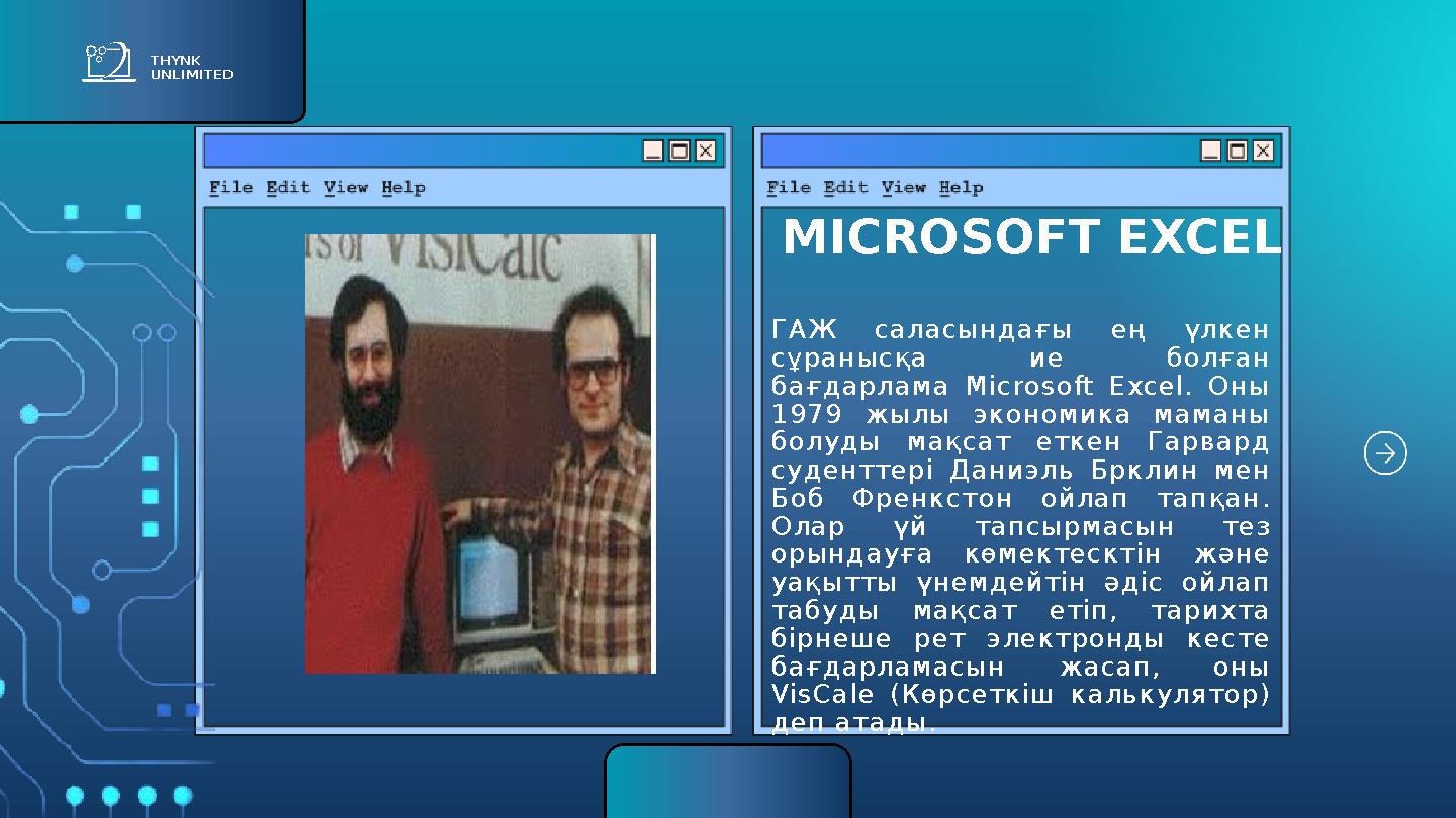 MICROSOFT EXCEL THYNK UNLIMITED ГАЖ саласындағы ең үлкен сұранысқа ие болған бағдарлама Microsoft Excel. Оны 1979 жылы эконо
