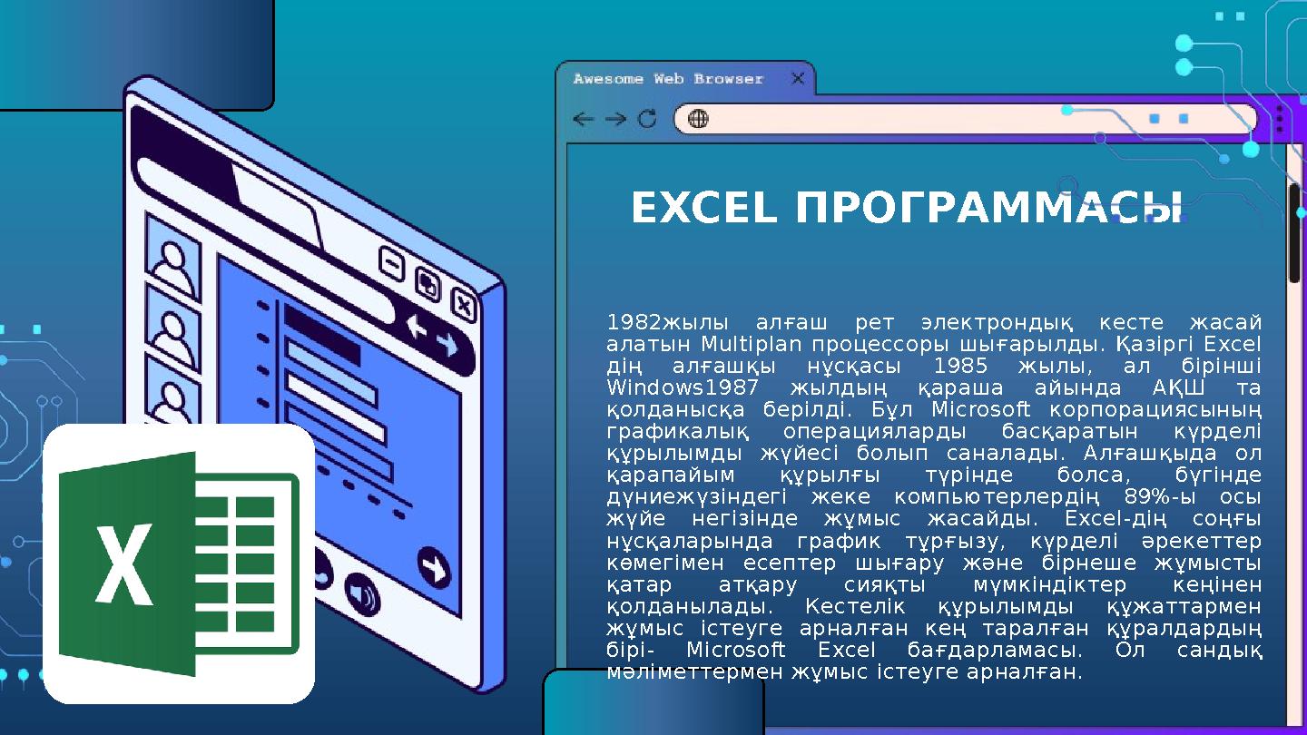 EXCEL ПРОГРАММАСЫ 1982жылы алғаш рет электрондық кесте жасай алатын Multiplan процессоры шығарылды. Қазіргі Excel дің алғашқы