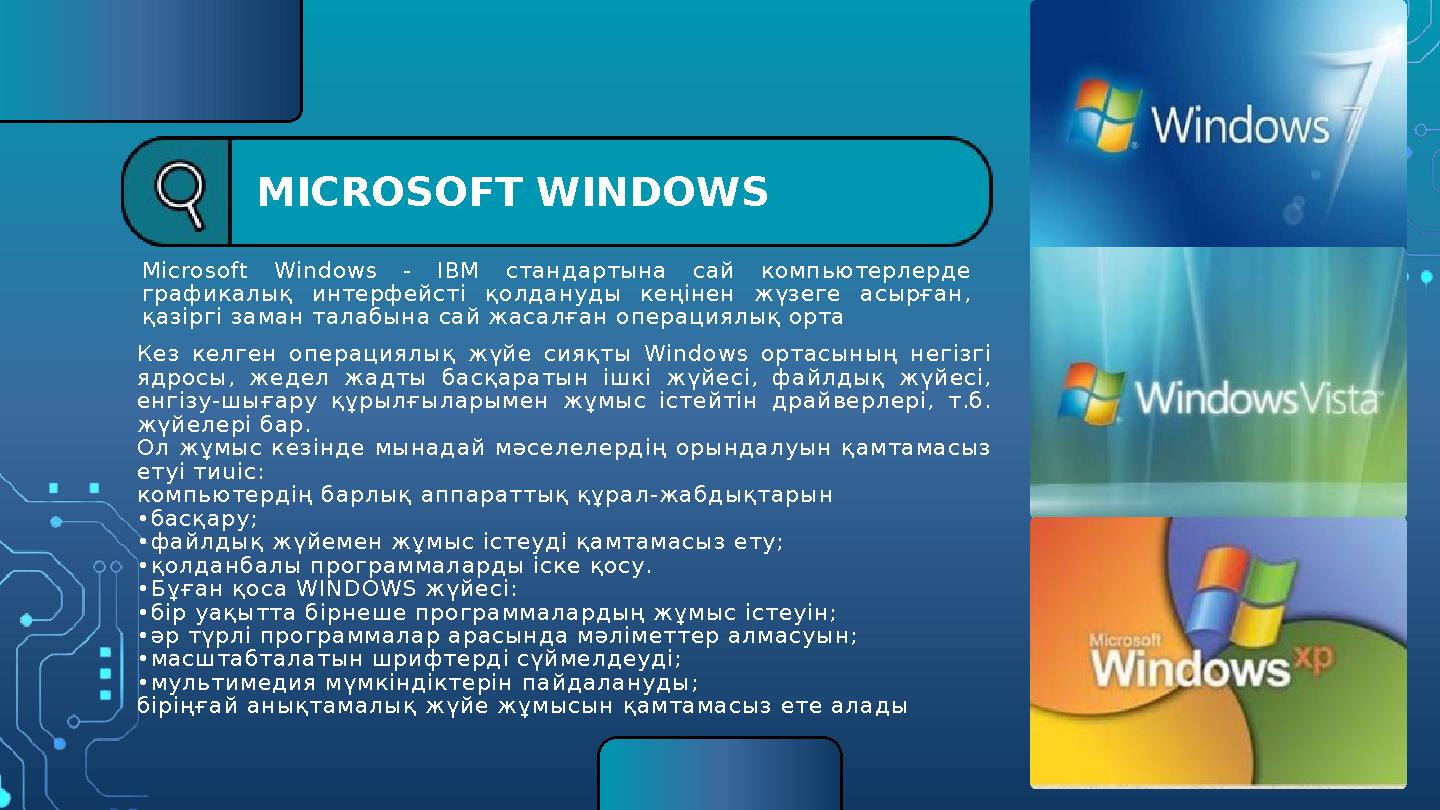 MICROSOFT WINDOWS Microsoft Windows - IBM стандартына сай компьютерлерде графикалық интерфейсті қолдануды кеңінен жүзеге асырға