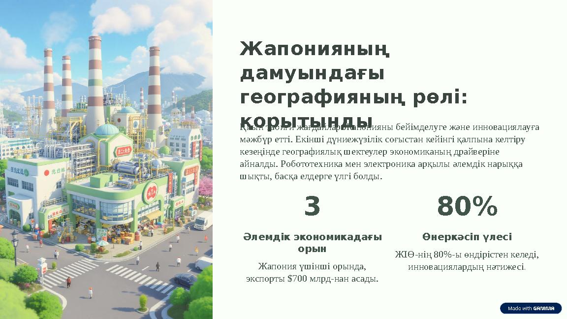 Жапонияның дамуындағы географияның рөлі: қорытындыҚиын табиғи жағдайлар Жапонияны бейімделуге және инновациялауға мәжбүр етт