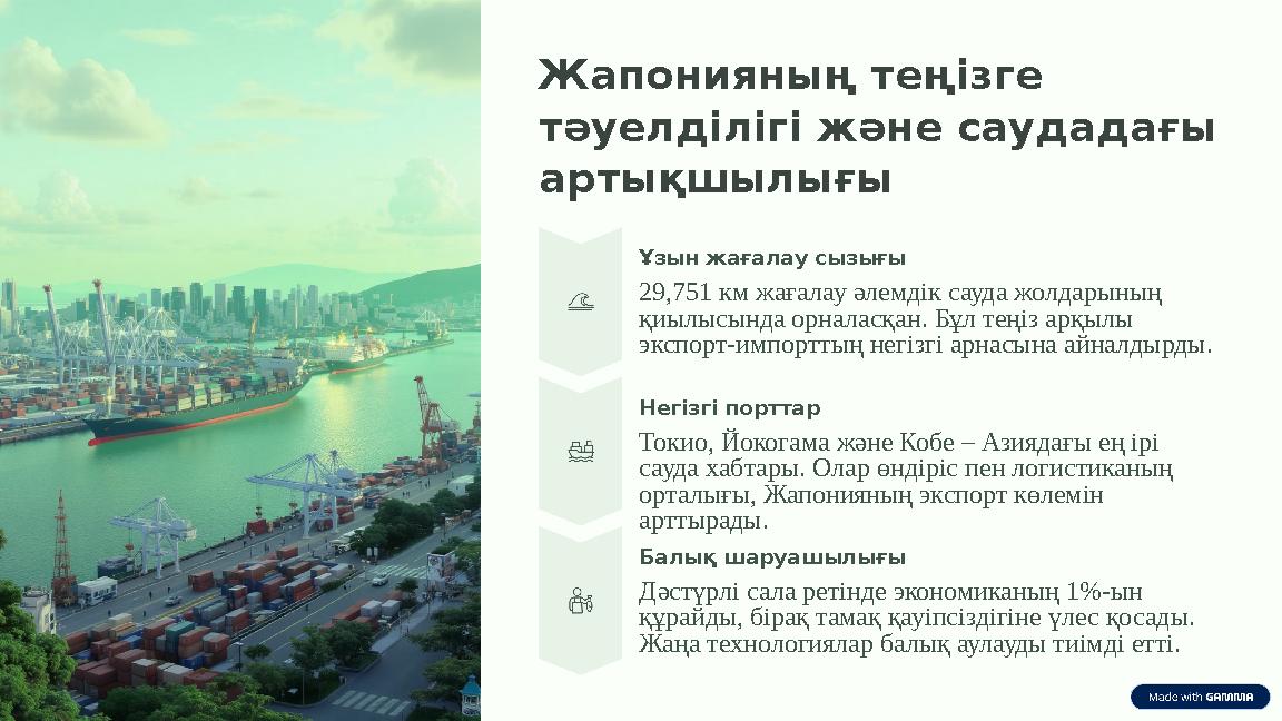 Жапонияның теңізге тәуелділігі және саудадағы артықшылығы Ұзын жағалау сызығы 29,751 км жағалау әлемдік сауда жолдарының қиыл