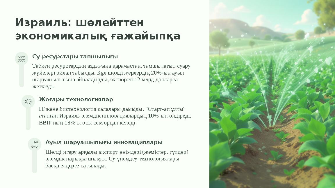Израиль: шөлейттен экономикалық ғажайыпқа Су ресурстары тапшылығы Табиғи ресурстардың аздығына қарамастан, тамшылатып суару жү