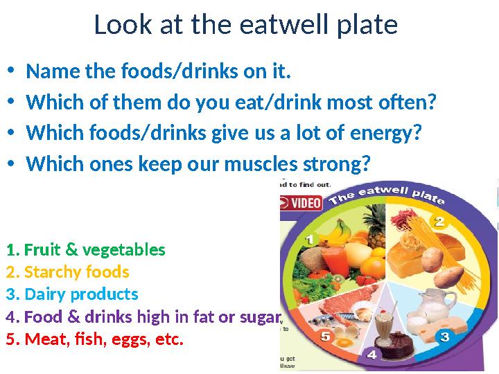 Look at the eatwell plate •Name the foods/drinks on it. •Which of them do you eat/drink most often? •Which foods/drinks give us