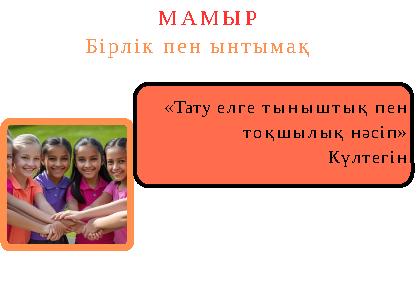 «Тату елге тыныштық пен тоқшылық нәсіп» Күлтегін МАМЫР Бірлік пен ынтымақ