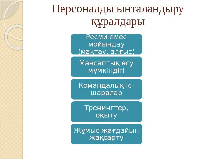Персоналды ынталандыру құралдары Ресми емес мойындау (мақтау, алғыс) Мансаптық өсу мүмкіндігі Командалық іс- шаралар Т