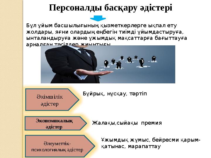 Персоналды басқару әдістері Бұл ұйым басшылығының қызметкерлерге ықпал ету жолдары, яғни олардың еңбегін тиімді ұйымдастыруға