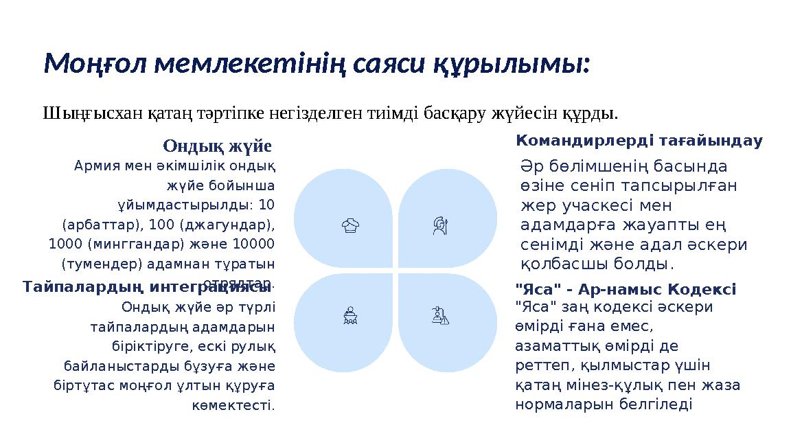 Моңғол мемлекетінің саяси құрылымы: Шыңғысхан қатаң тәртіпке негізделген тиімді басқару жүйесін құрды. Ондық жүйе Армия мен әкім