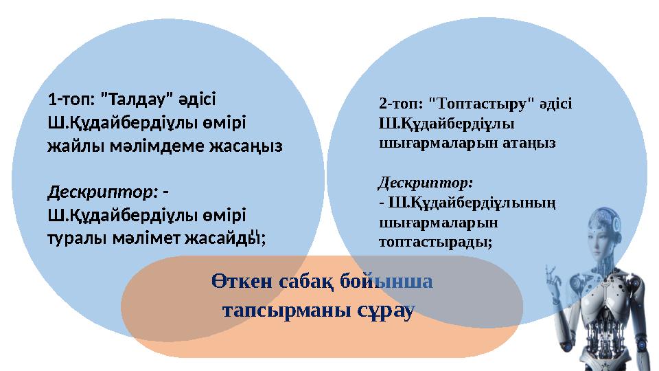 Өткен сабақ бойынша тапсырманы сұрау " 1-топ: "Талдау" әдісі Ш.Құдайбердіұлы өмірі жайлы мәлімдеме жасаңыз Дескрипт