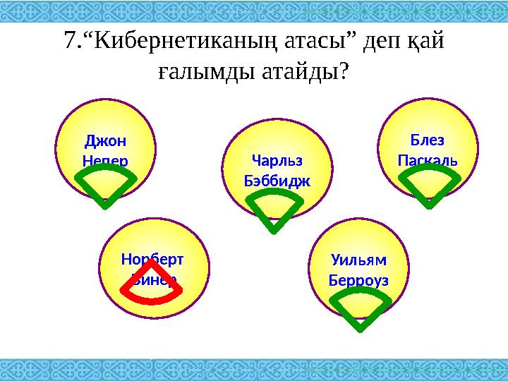 7.“Кибернетиканың атасы” деп қай ғалымды атайды? Джон Непер Блез ПаскальЧарльз Бэббидж Уильям Берроуз Норберт Винер