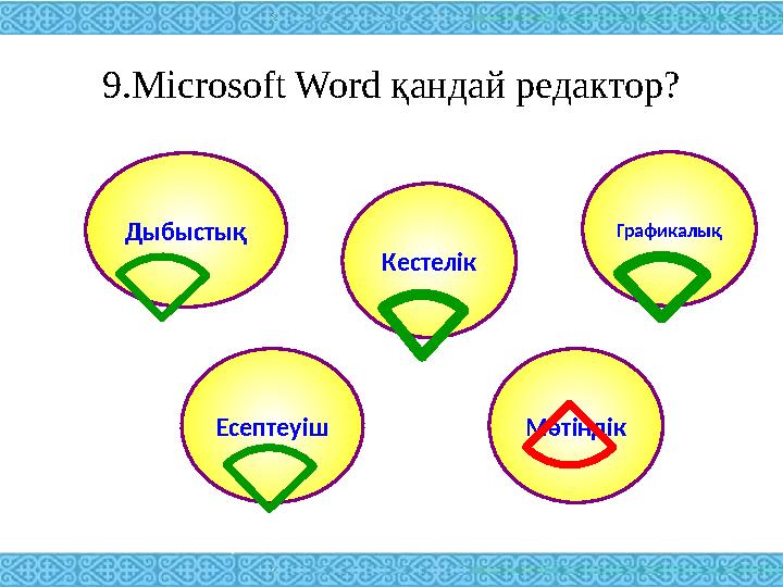 9.Microsoft Word қандай редактор? Дыбыстық Графикалық Кестелік Есептеуіш Мәтіндік