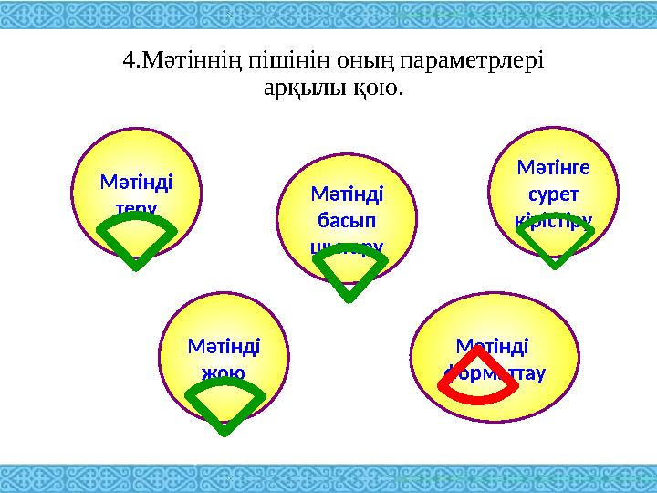4.Мәтіннің пішінін оның параметрлері арқылы қою. Мәтінді теру Мәтінге сурет кірістіру Мәтінді басып шығару Мәтінді жою Мәтінд