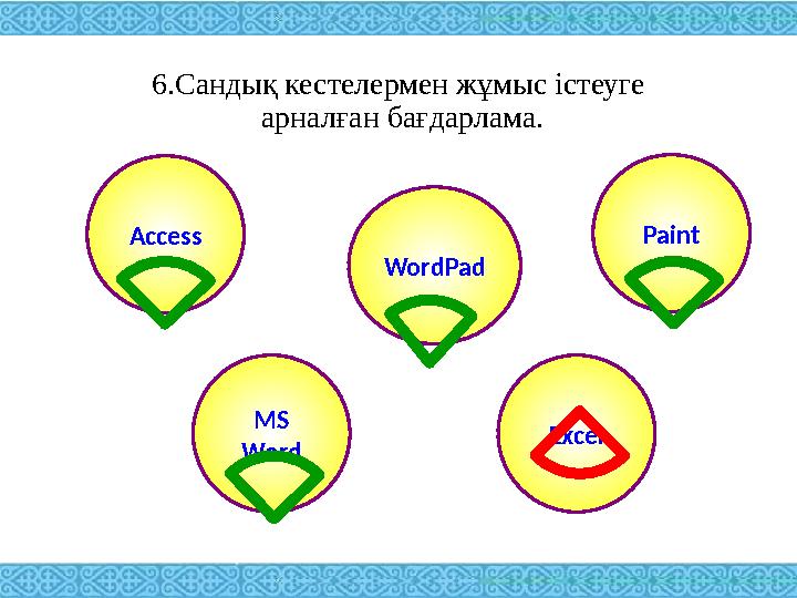 6.Сандық кестелермен жұмыс істеуге арналған бағдарлама. Access Paint WordPad MS Word Excel